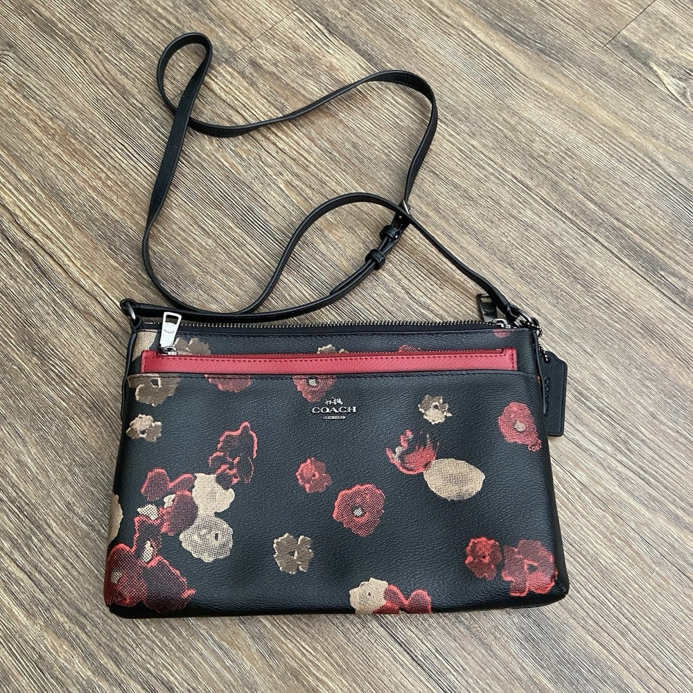 Coach Signature East West Pop Up Crossbody Bag Black Red Floral EUC